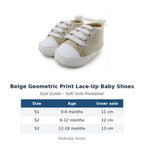Beige Geometric Print Lace-Up Baby Shoes size guide – soft sole baby shoes – Belinda Store