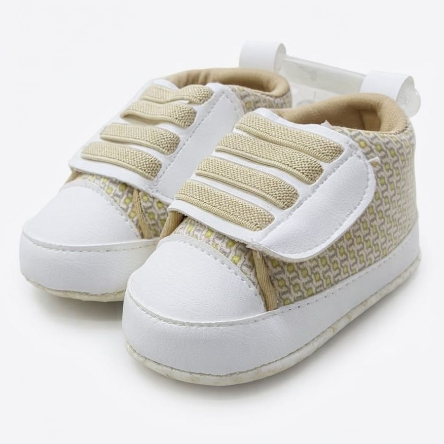 Beige Geometric Velcro Baby Shoes close-up view – soft sole baby shoes – Belinda Store