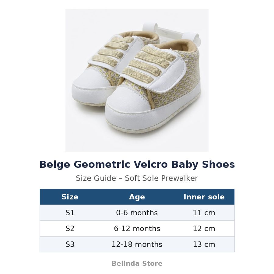 Beige Geometric Velcro Baby Shoes size guide – soft sole baby shoes – Belinda Store