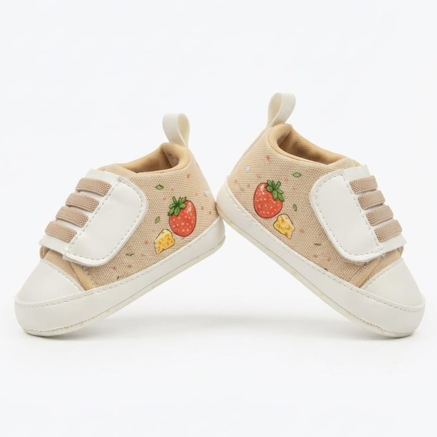 Beige Strawberry Velcro Baby Shoes close-up view – soft sole baby shoes – Belinda Store