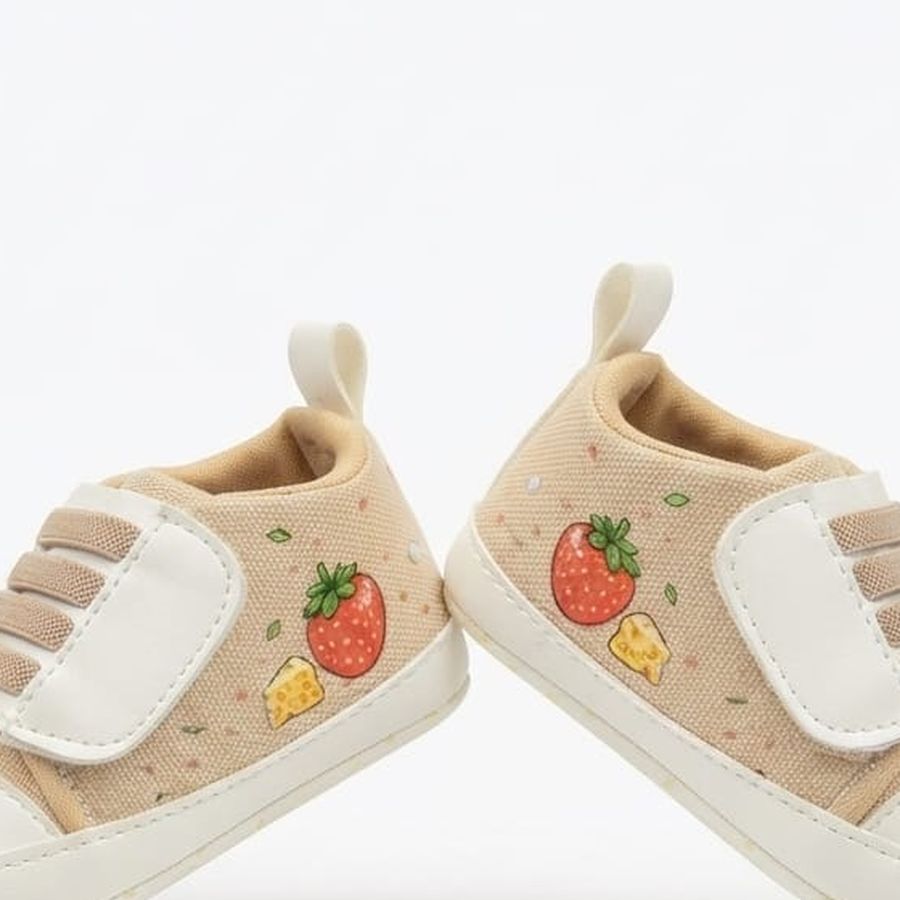 Beige Strawberry Velcro Baby Shoes design detail – soft sole baby shoes – Belinda Store