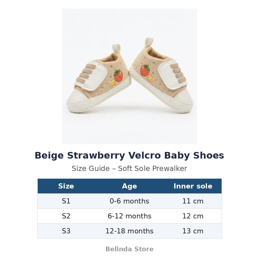 Beige Strawberry Velcro Baby Shoes size guide – soft sole baby shoes – Belinda Store