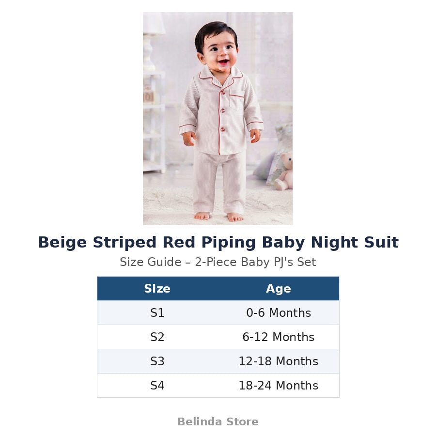 Beige Striped Red Piping Baby Night Suit size guide 0-24 months – Belinda Store