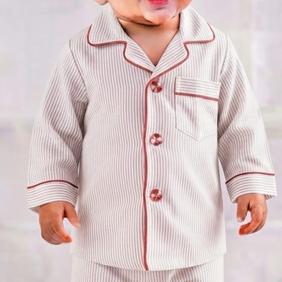 Beige Striped Red Piping Baby Night Suit fabric and print close-up – Belinda Store