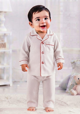 Beige Striped Red Piping Baby Night Suit – 2-piece baby PJ's set 0-24 months – Belinda Store