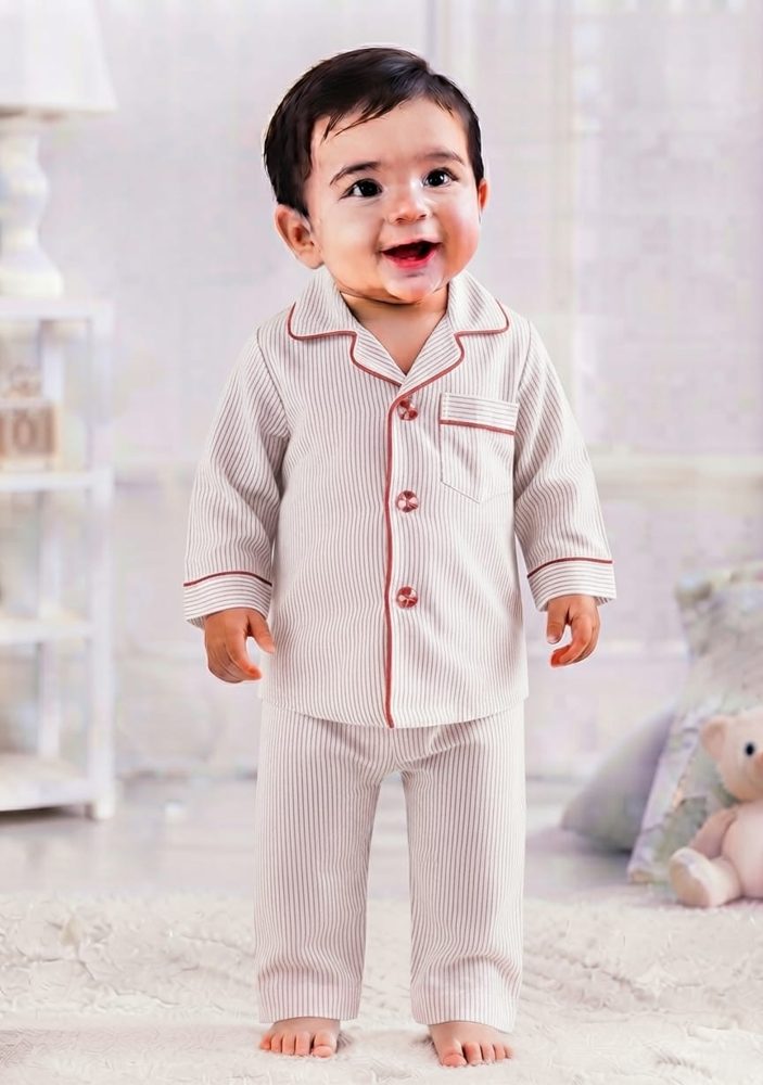 Beige Striped Red Piping Baby Night Suit – 2-piece baby PJ's set 0-24 months – Belinda Store