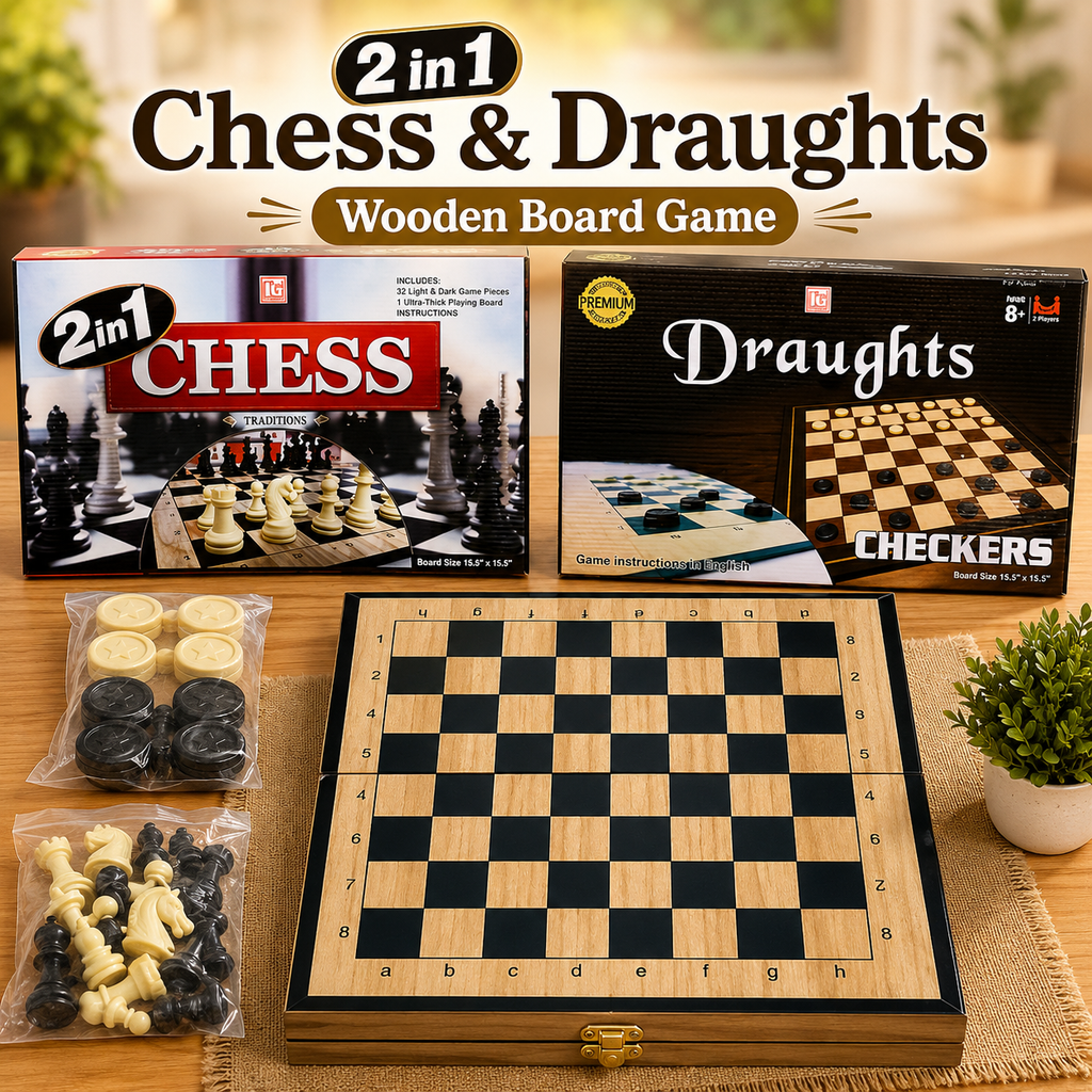 2 in 1 Chess & Draughts Wooden Board Game Set for Kids & Family