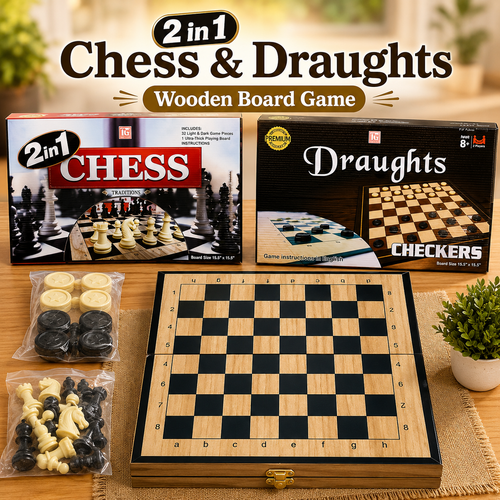 2 in 1 Chess & Draughts Wooden Board Game Set for Kids & Family