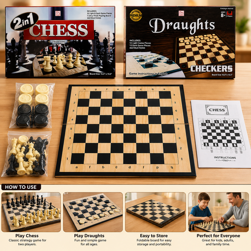 2 in 1 Chess & Draughts Wooden Board Game Set for Kids & Family