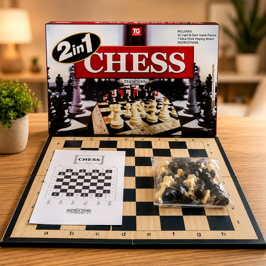 2 in 1 Chess & Draughts Wooden Board Game Set for Kids & Family