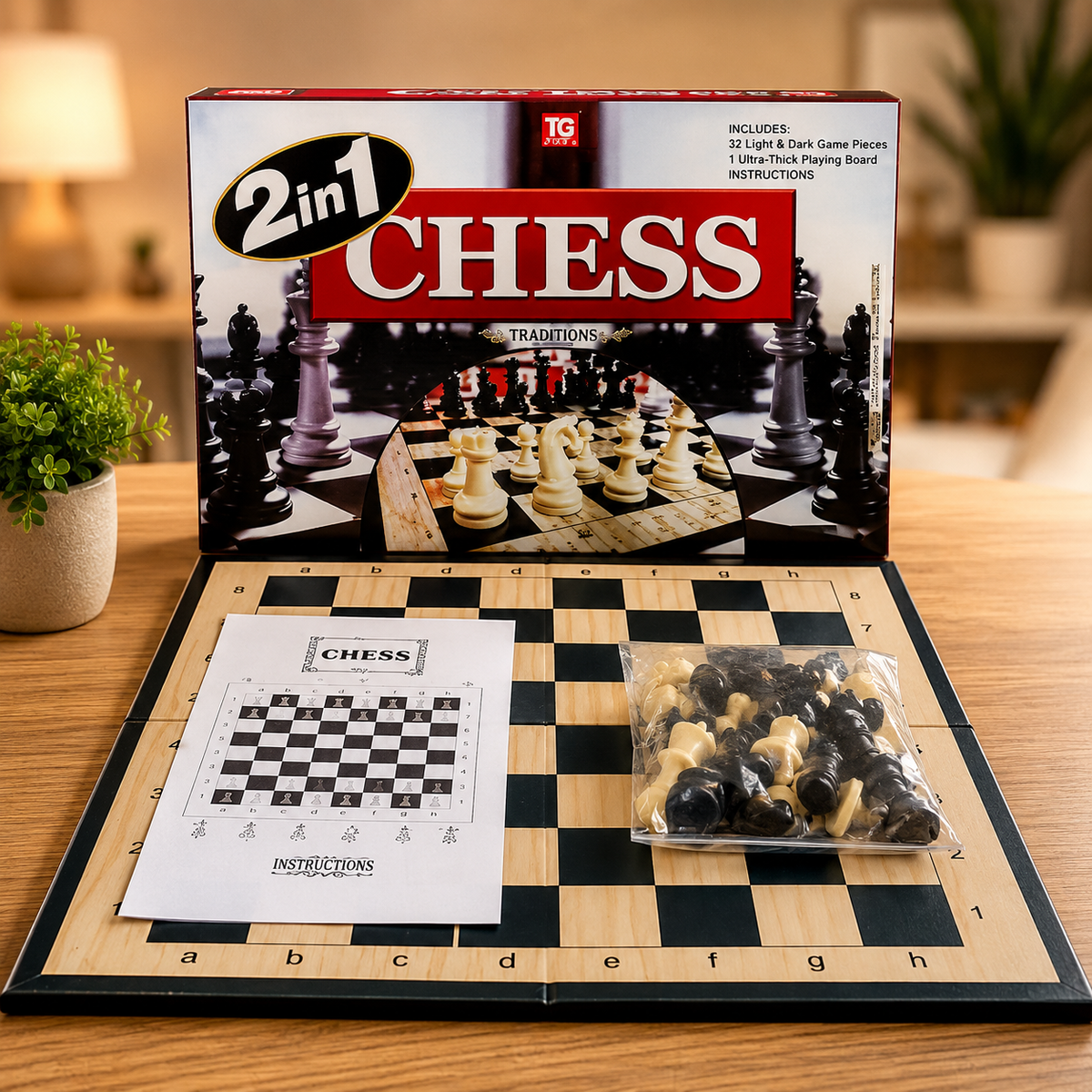 2 in 1 Chess & Draughts Wooden Board Game Set for Kids & Family