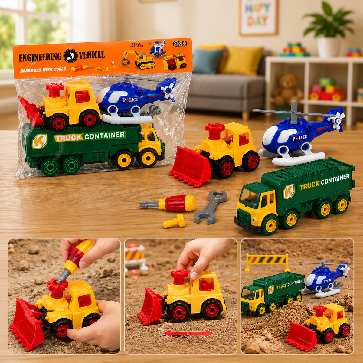3 In 1 Engineering Vehicle Toy Playset With Tools