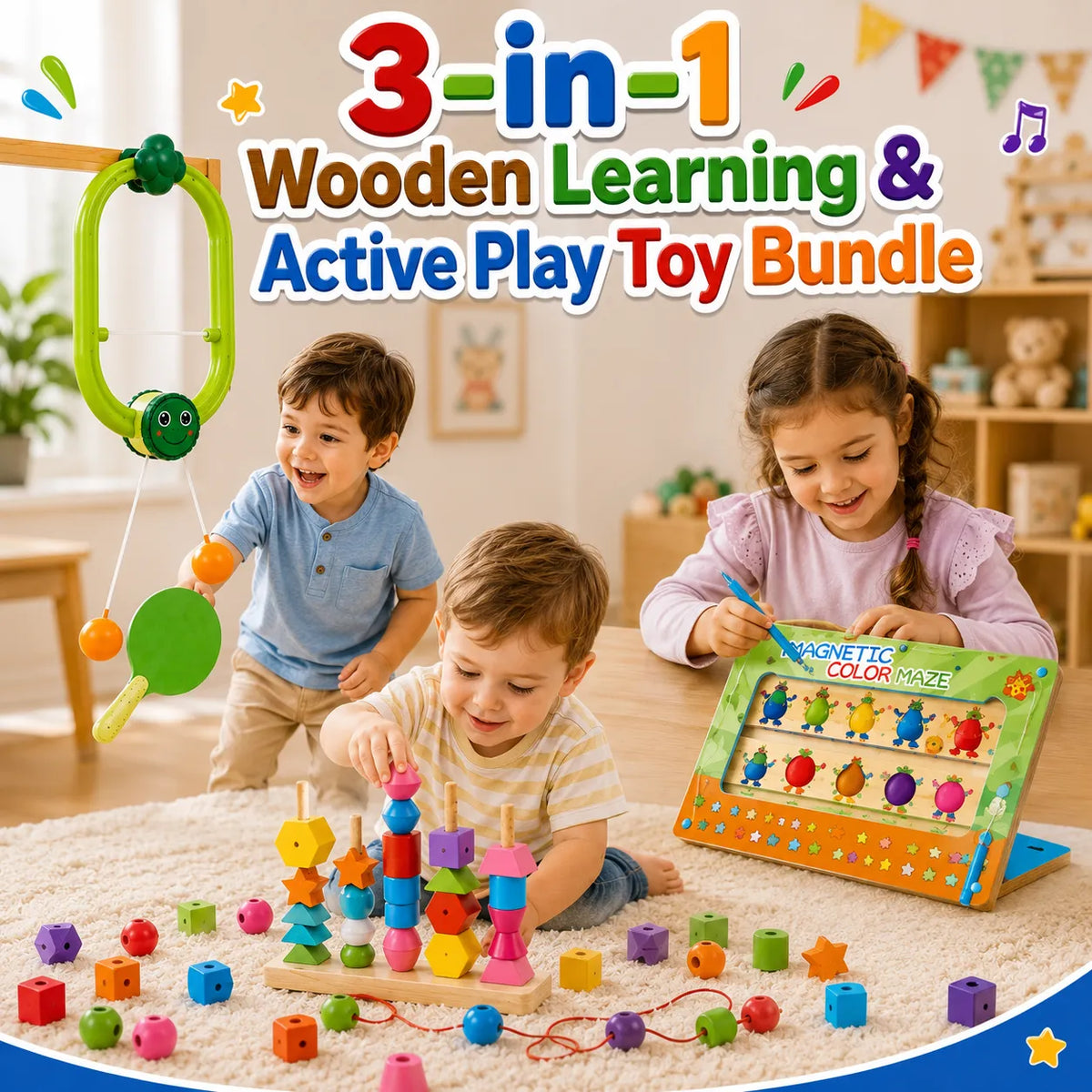 3 in 1 Wooden Learning & Active Play Toy Bundle