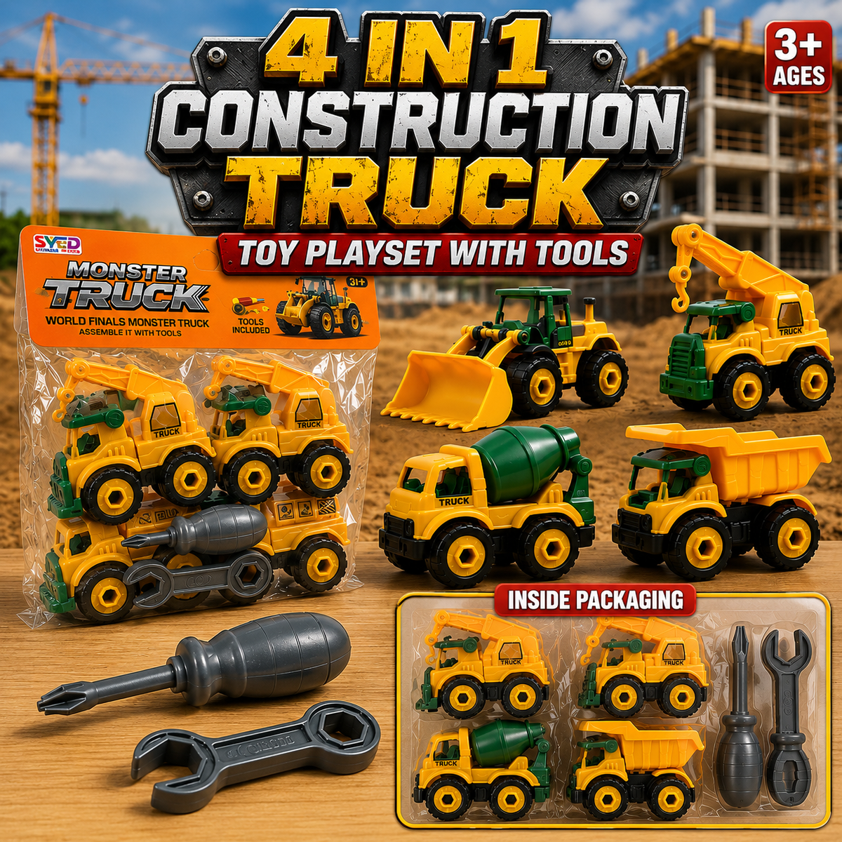 4 In 1 Construction Truck Toy Playset with Tools