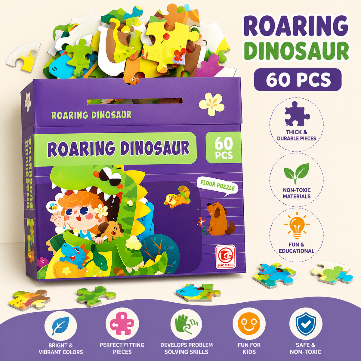 60 Pcs Roaring Dinosaur Puzzle for Kids