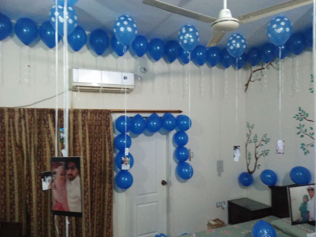 Birthday Surprise Room Decor – Blue Polka Dot Balloons, Number Foil & Happy Birthday Letters
