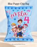 Blue puppy customized birthday chips bag with child name and age
