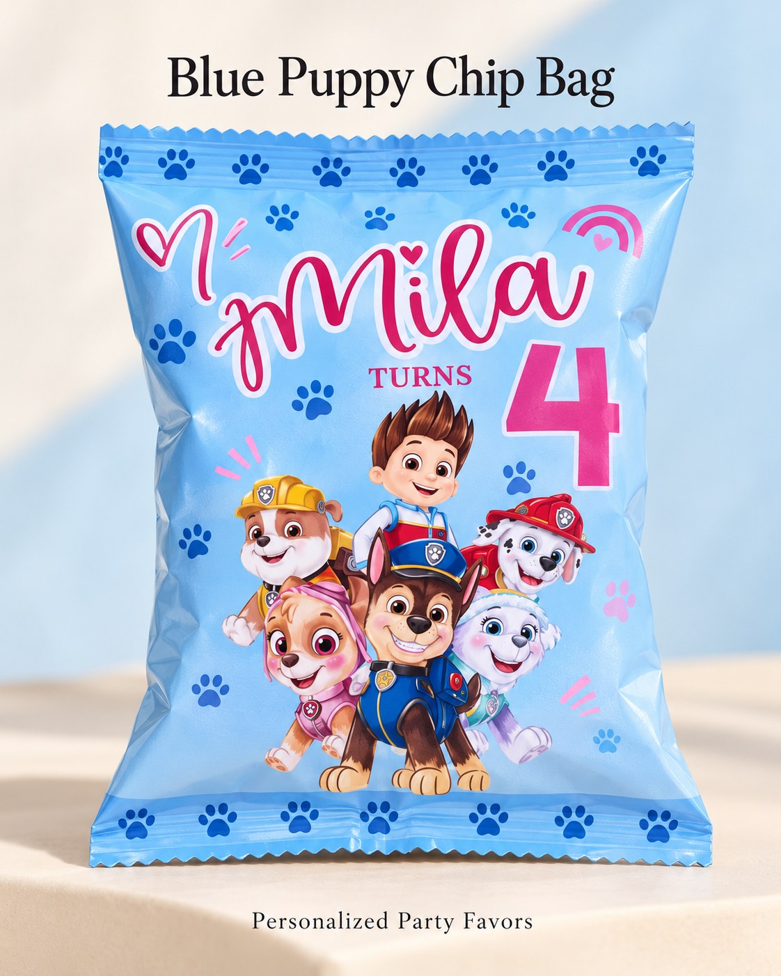 Blue puppy customized birthday chips bag with child name and age