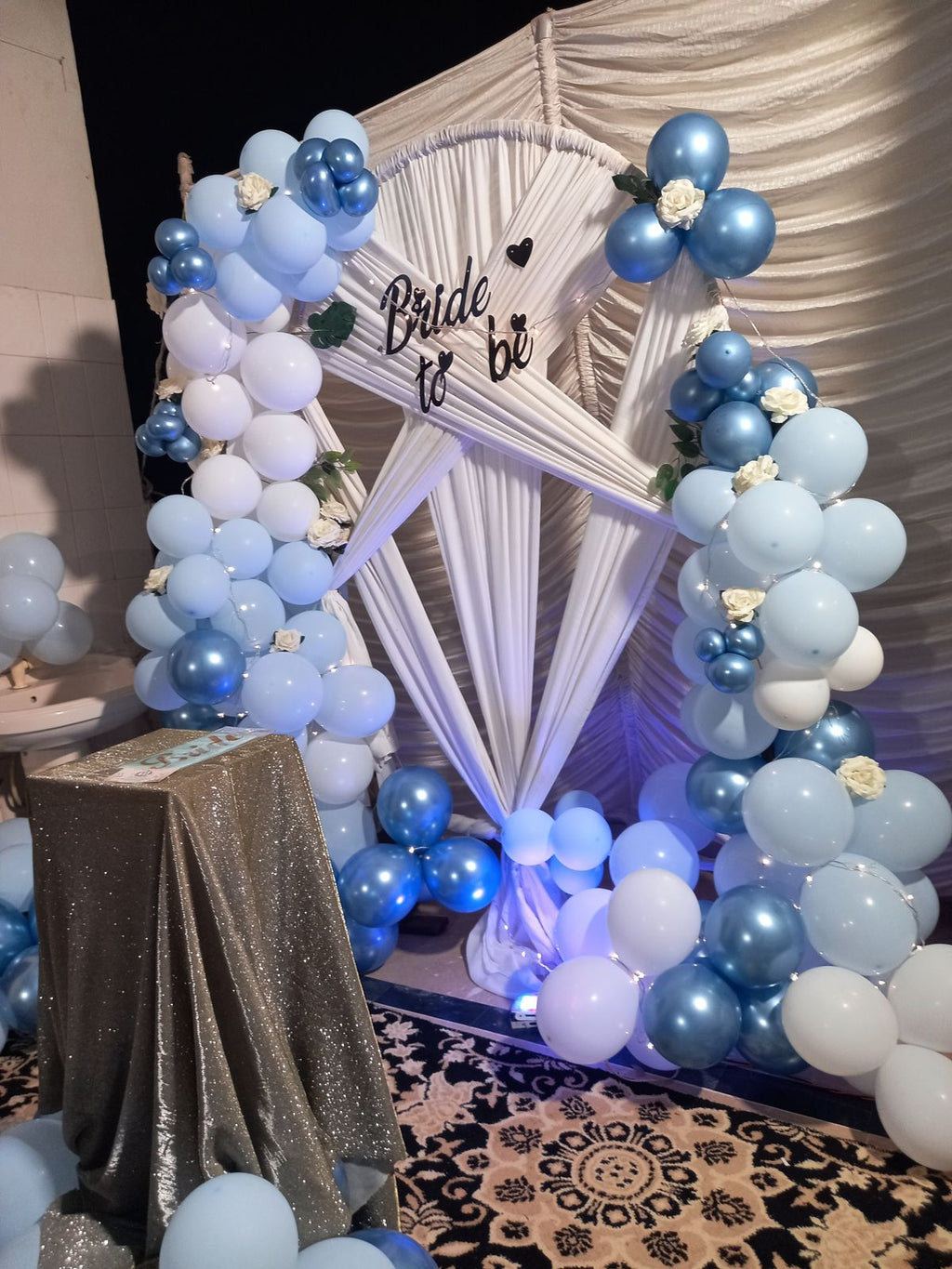 Blue and white bridal shower decoration Karachi with bride to be arch and balloon garland – image 4