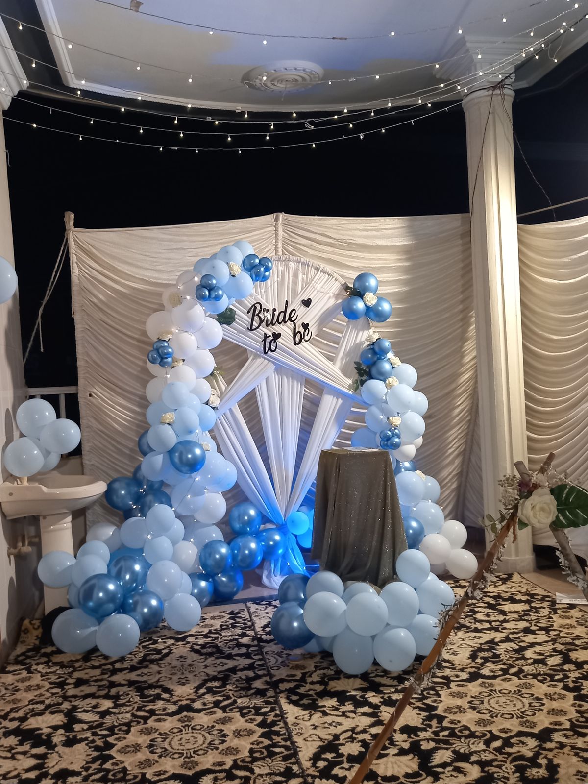 Blue and white bridal shower decoration Karachi with bride to be arch and balloon garland – image 5