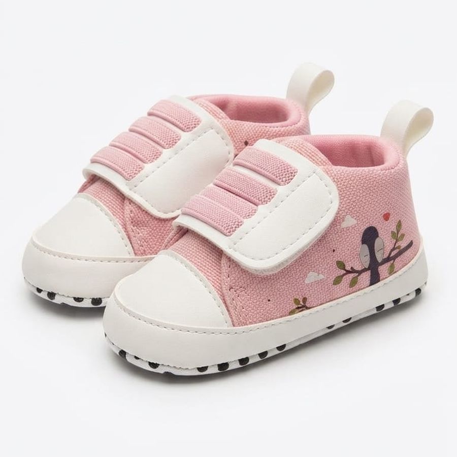 Blush Pink Tree Print Velcro Baby Shoes close-up view – soft sole baby shoes – Belinda Store