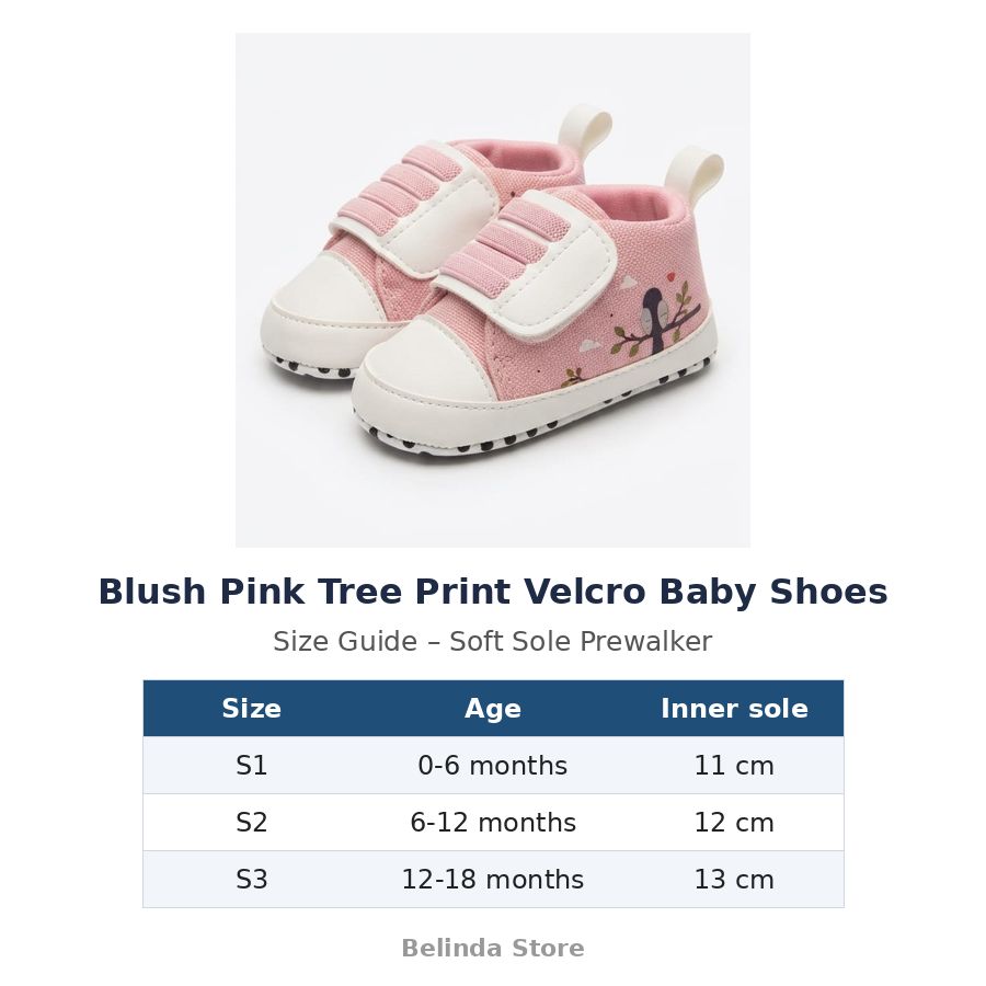 Blush Pink Tree Print Velcro Baby Shoes size guide – soft sole baby shoes – Belinda Store