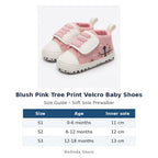 Blush Pink Tree Print Velcro Baby Shoes size guide – soft sole baby shoes – Belinda Store