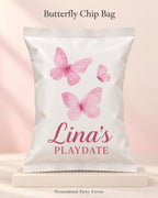 Pink butterfly customized chips bag with name for playdate or birthday