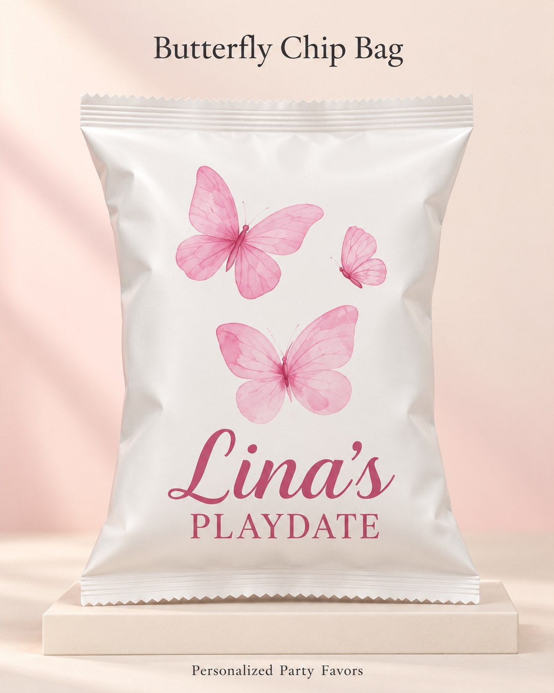 Pink butterfly customized chips bag with name for playdate or birthday