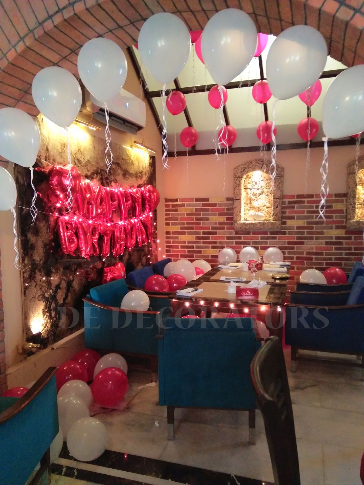 Café / Restaurant Birthday Surprise – Pink Happy Birthday Letters & White Ceiling Balloons