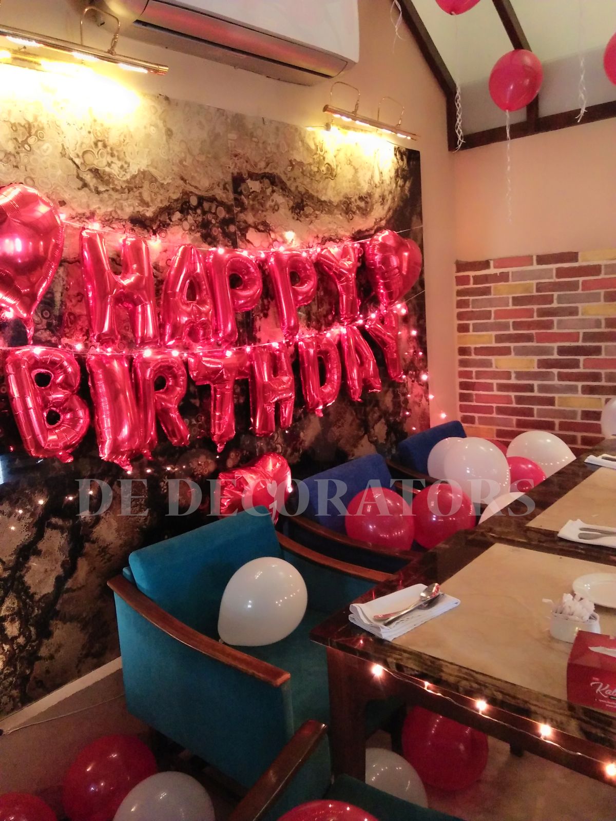 Café / Restaurant Birthday Surprise – Pink Happy Birthday Letters & White Ceiling Balloons