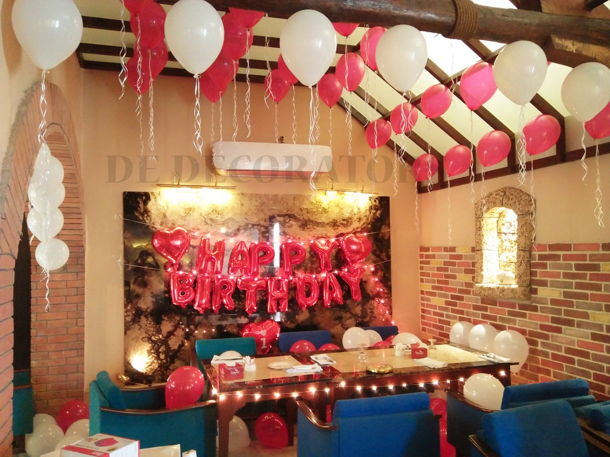 Café / Restaurant Birthday Surprise – Pink Happy Birthday Letters & White Ceiling Balloons