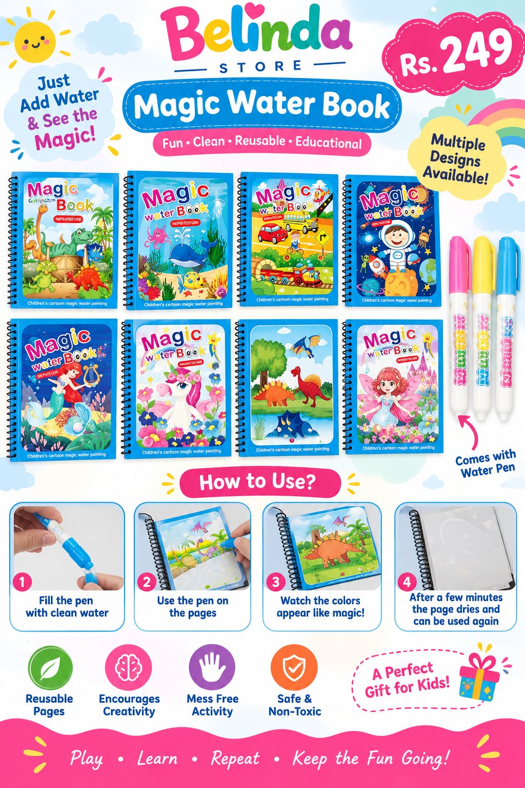 Magic Water Book for Kids - Multiple Designs Reusable Water Painting Book