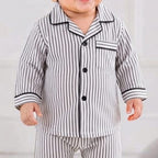 Charcoal Striped Baby Night Suit fabric and print close-up – Belinda Store