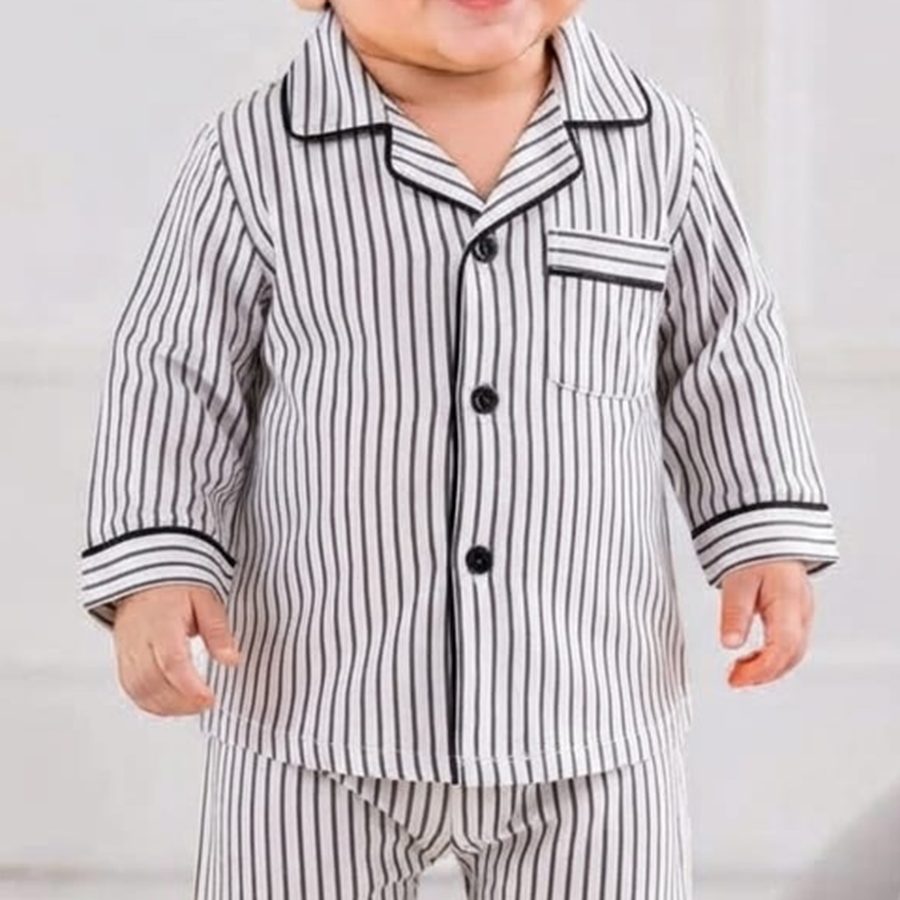 Charcoal Striped Baby Night Suit fabric and print close-up – Belinda Store