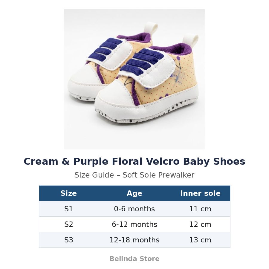 Cream & Purple Floral Velcro Baby Shoes size guide – soft sole baby shoes – Belinda Store