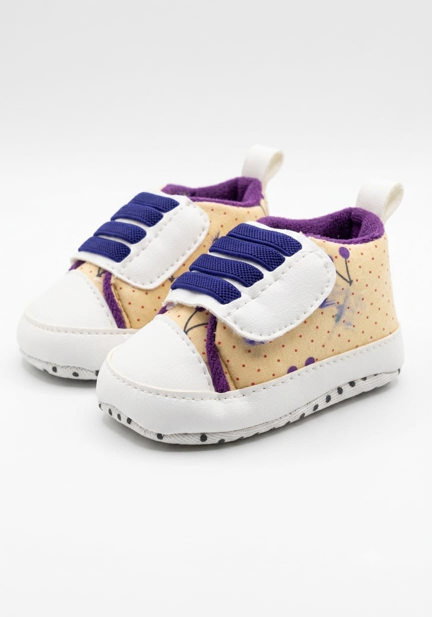 Cream & Purple Floral Velcro Baby Shoes soft sole prewalker for baby girls – Belinda Store