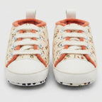 Cream Floral Lace-Up Baby Shoes close-up view – soft sole baby shoes – Belinda Store