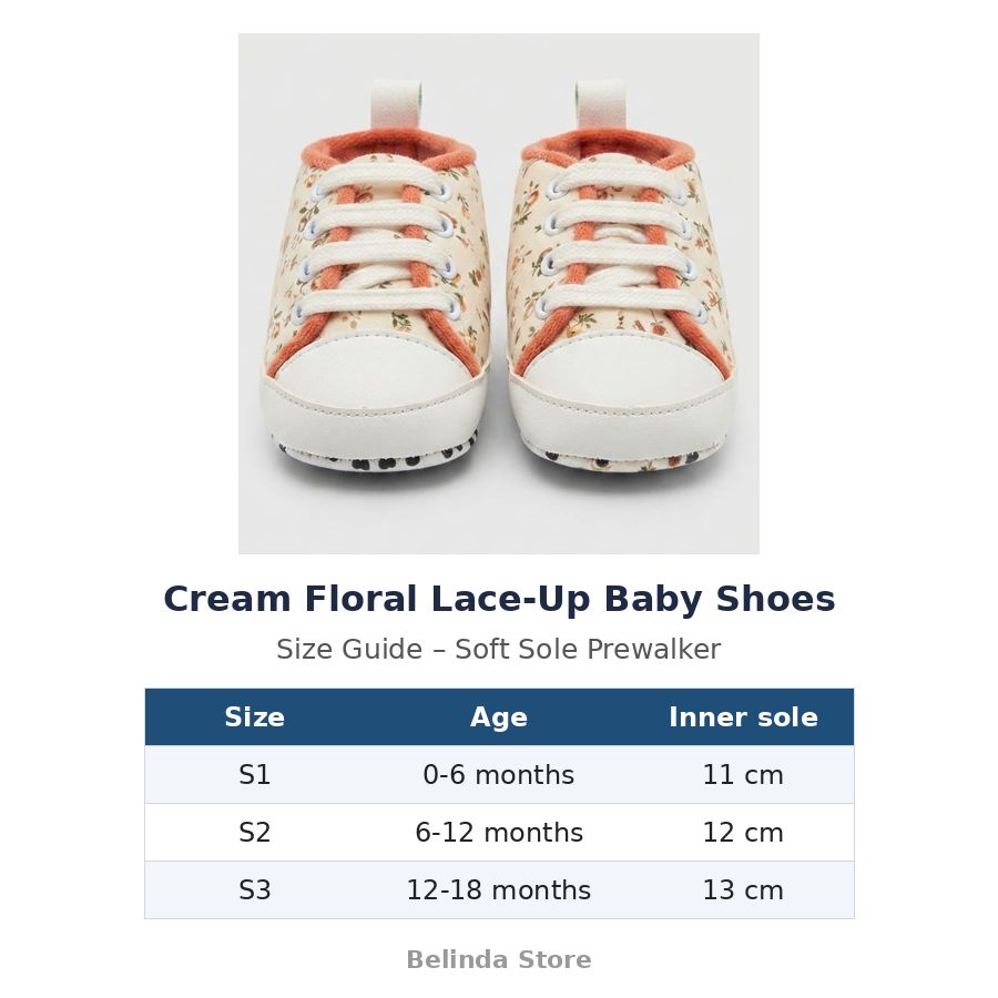 Cream Floral Lace-Up Baby Shoes size guide – soft sole baby shoes – Belinda Store
