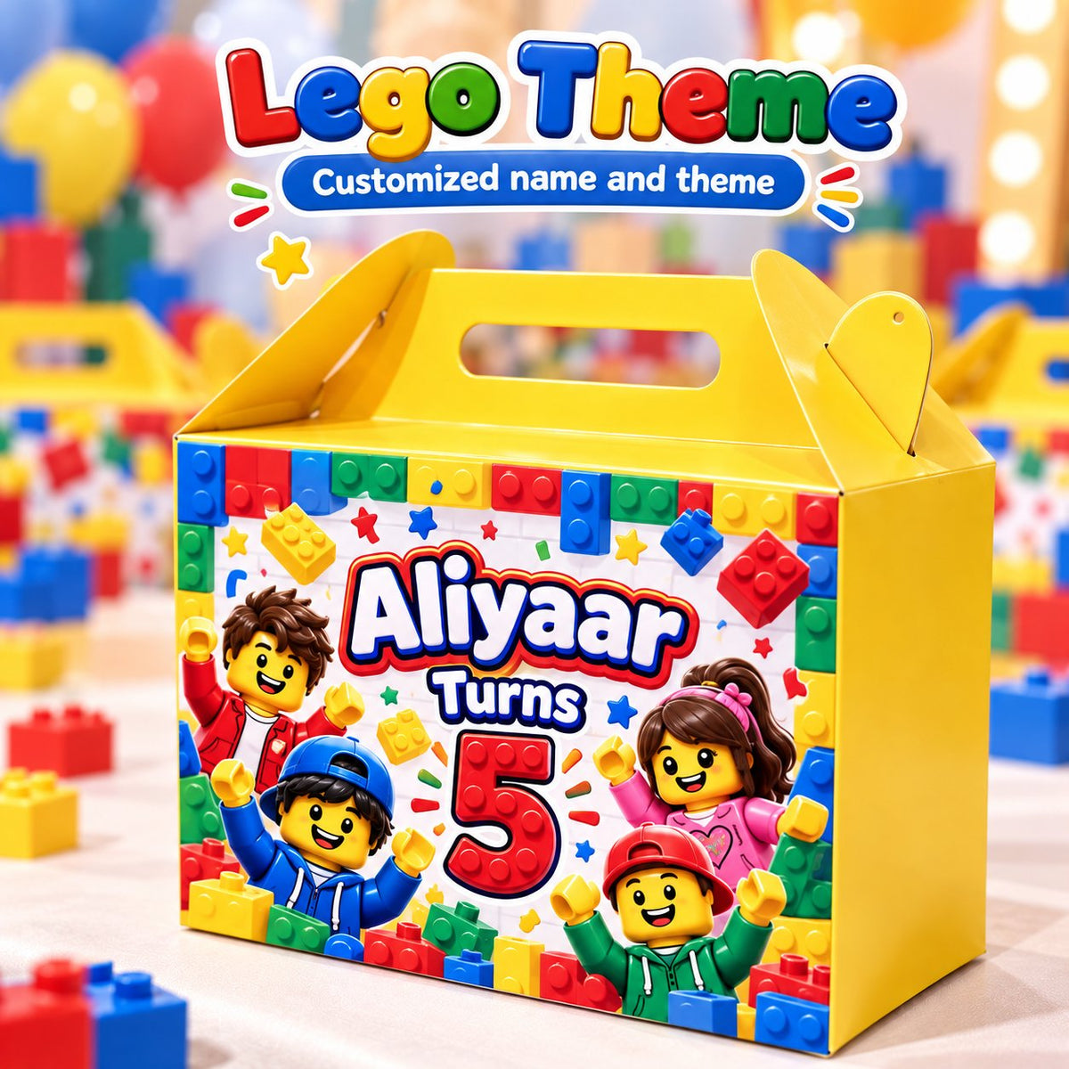 Building Blocks theme customized birthday goodie box with name