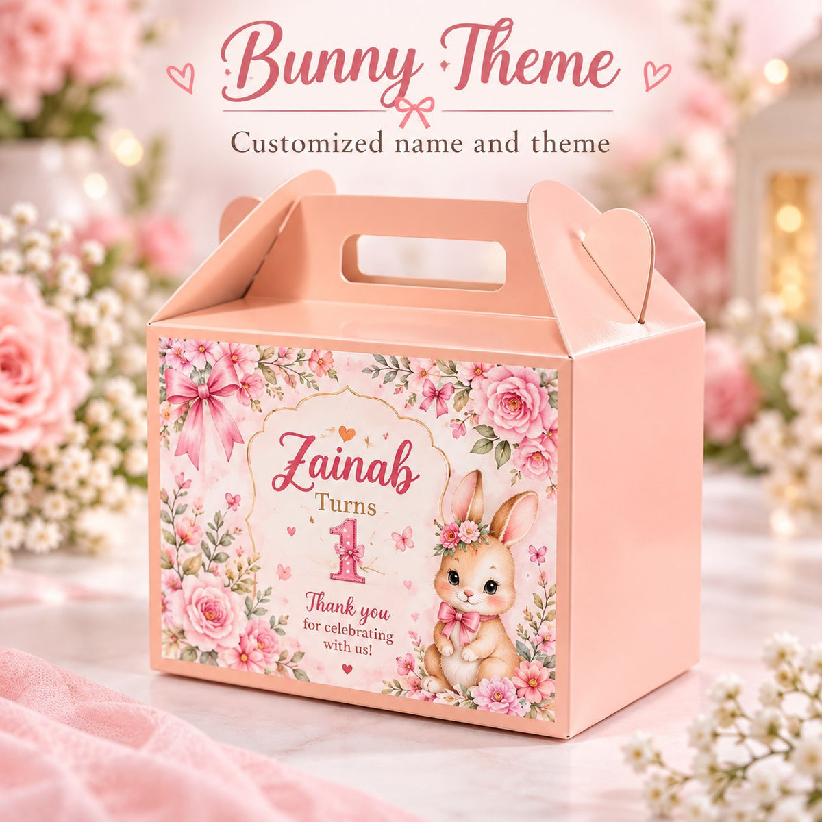 Bunny theme customized birthday goodie box with name
