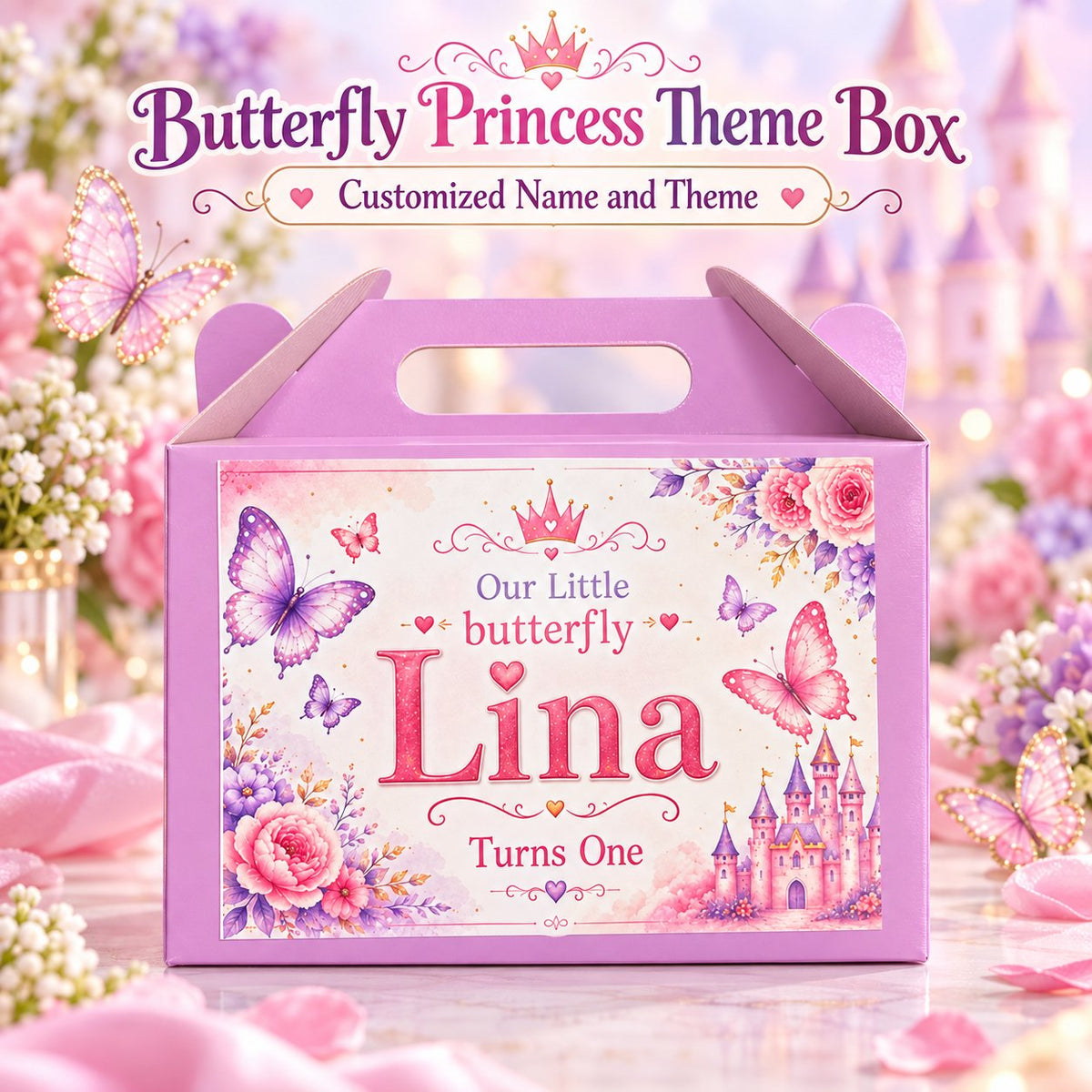 Butterfly Princess theme customized birthday goodie box with name