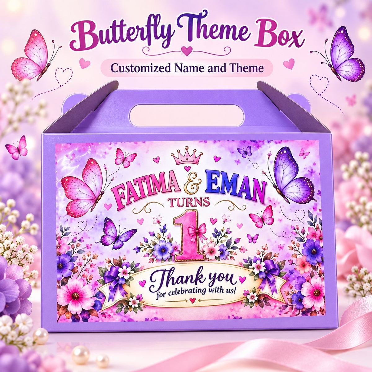 Butterfly theme customized birthday goodie box with name