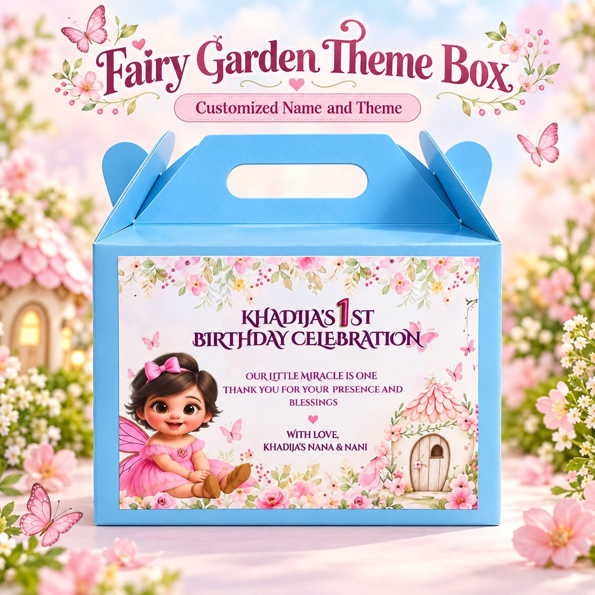 Fairy Garden theme customized birthday goodie box with name