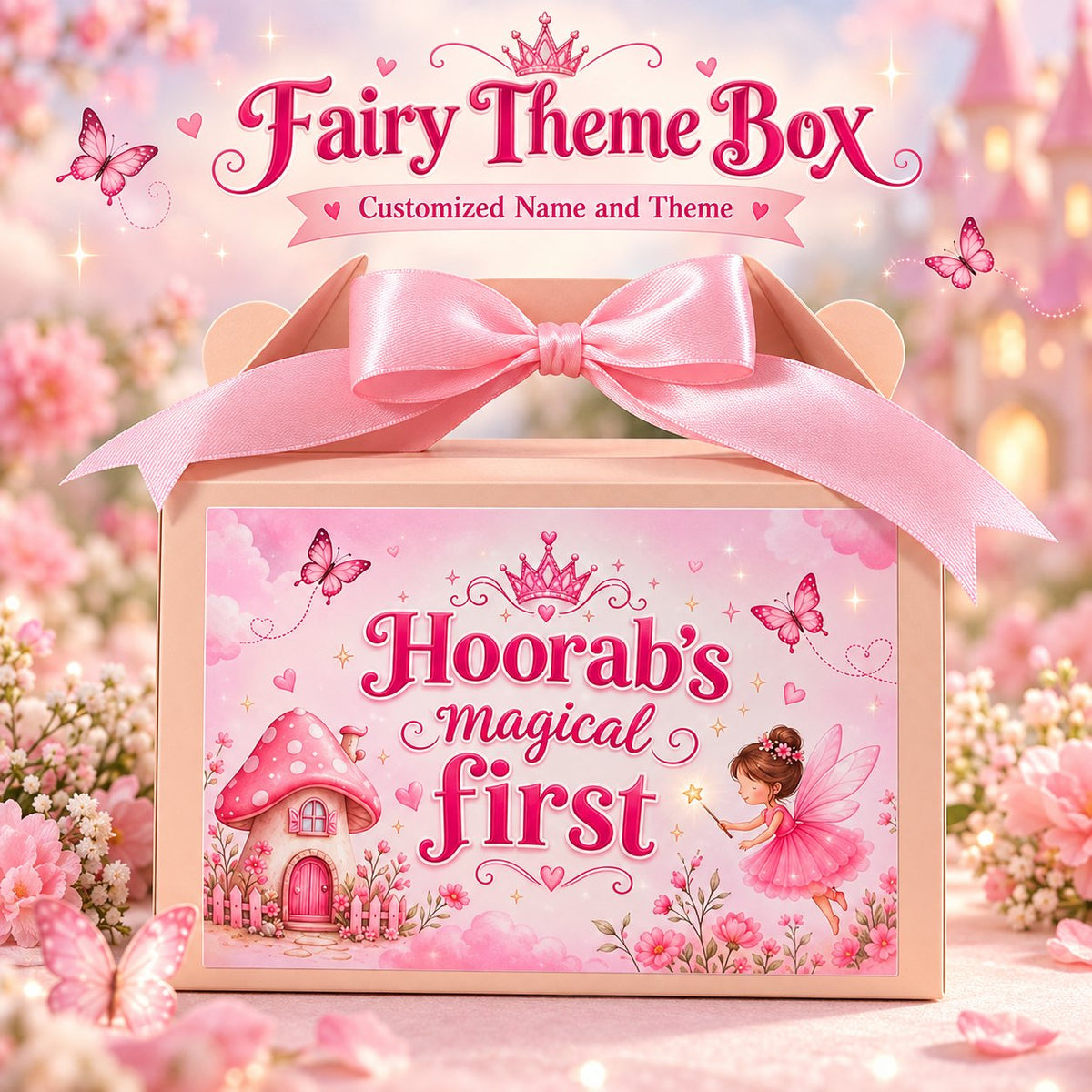 Pink Fairy theme customized birthday goodie box with name