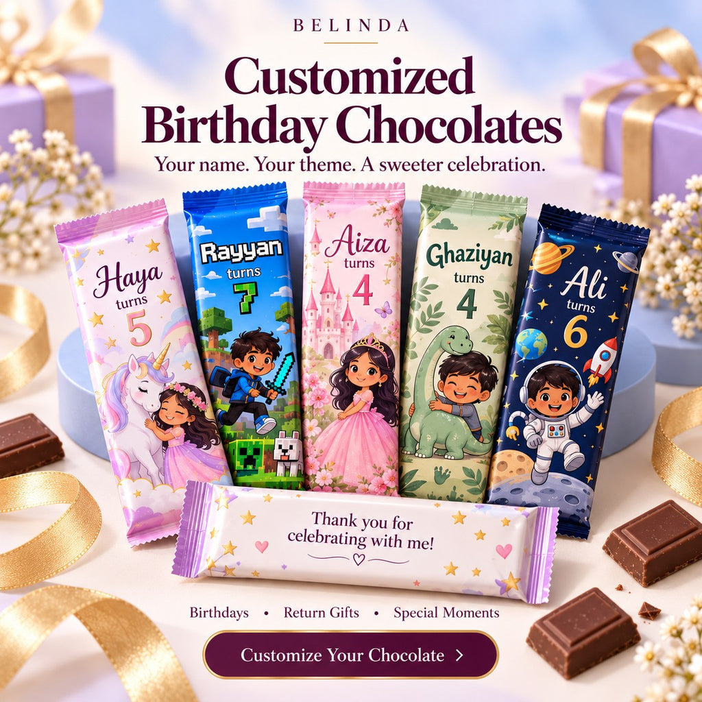 Customized birthday chocolate bars with child name in Unicorn, Roblox, Princess, Dino and Space themes