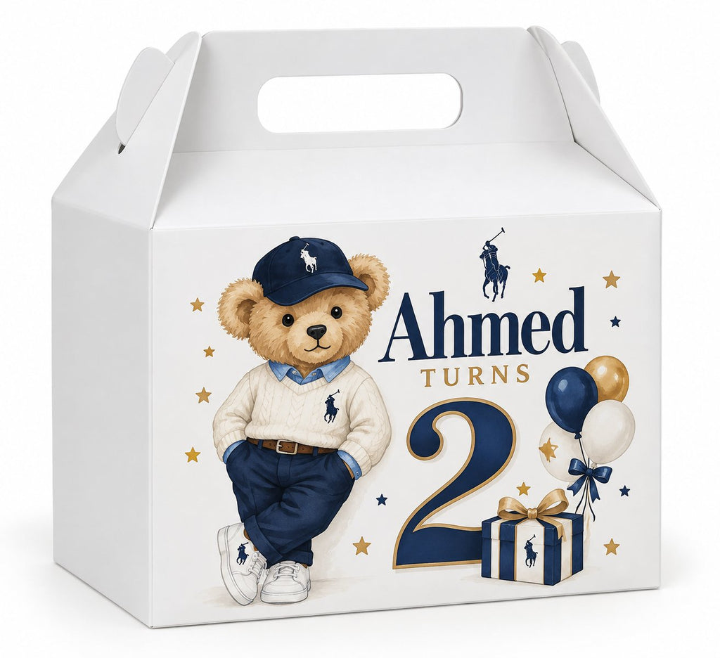 Customized teddy bear birthday goodie box name and age