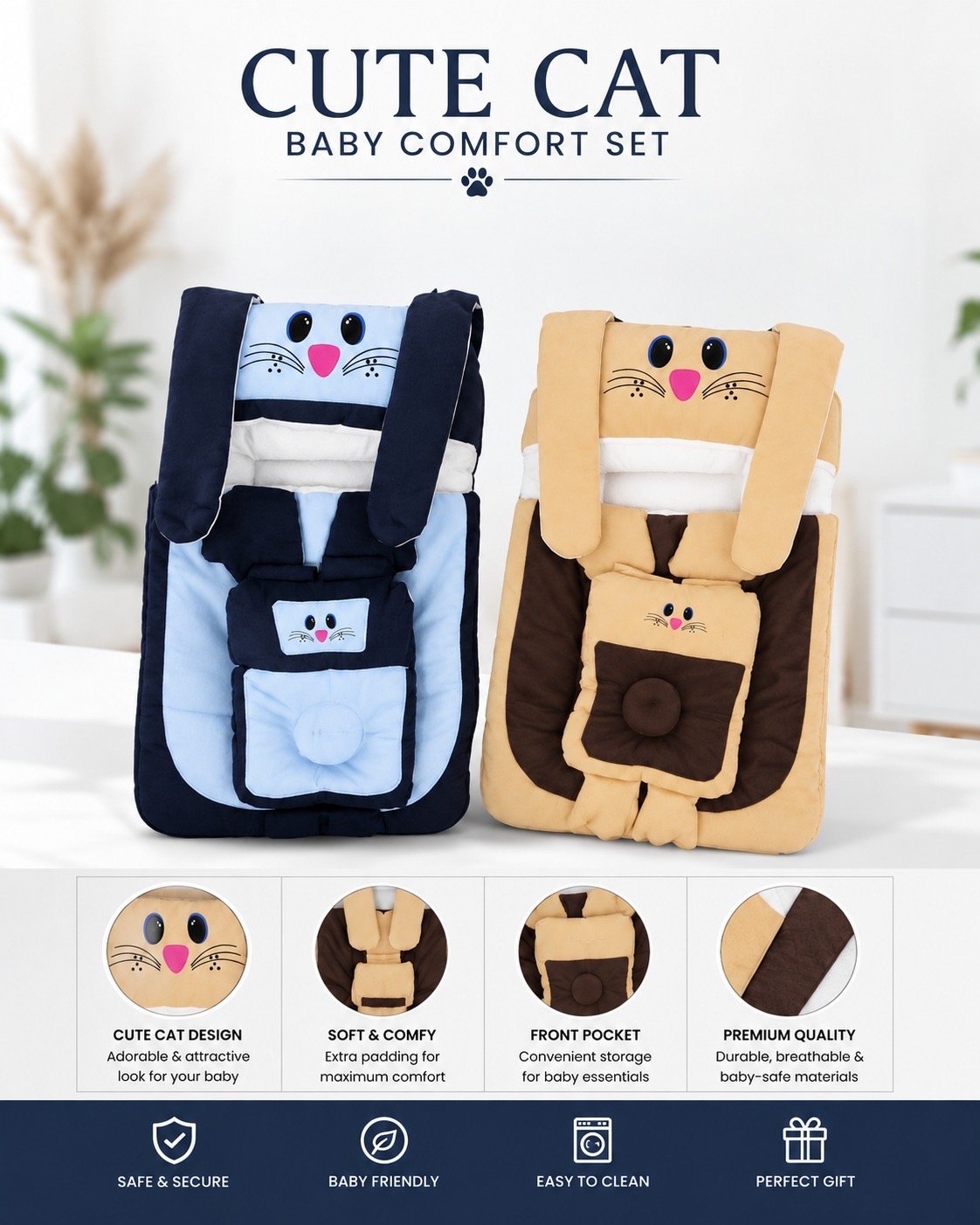 Cute cat baby comfort set navy and beige padded cushion