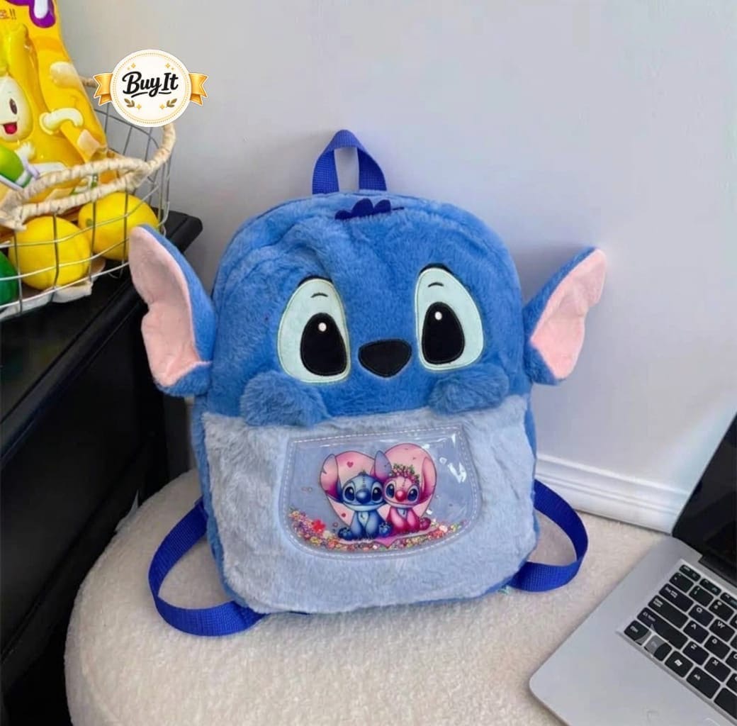Stitch and Angel plush kids backpack with glitter pocket