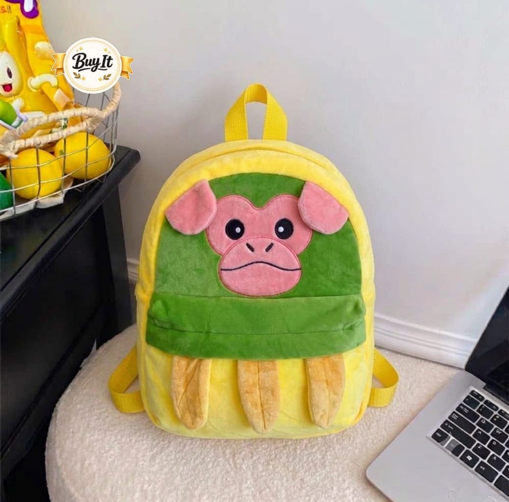 Yellow green kids monkey plush backpack - soft animal school bag